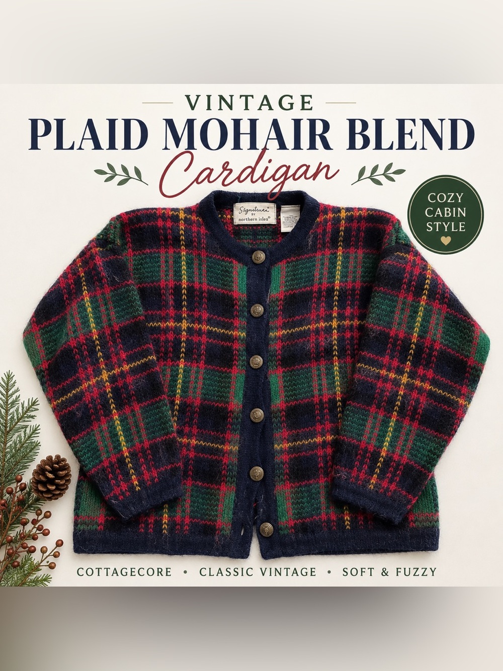 Vintage Northern Isles Plaid Mohair Blend Cardigan Cozy Cottagecore Sweater